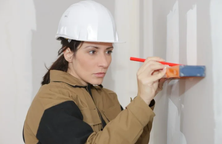 Person markiert mit Hilfe einer Wasserwaage eine Wand